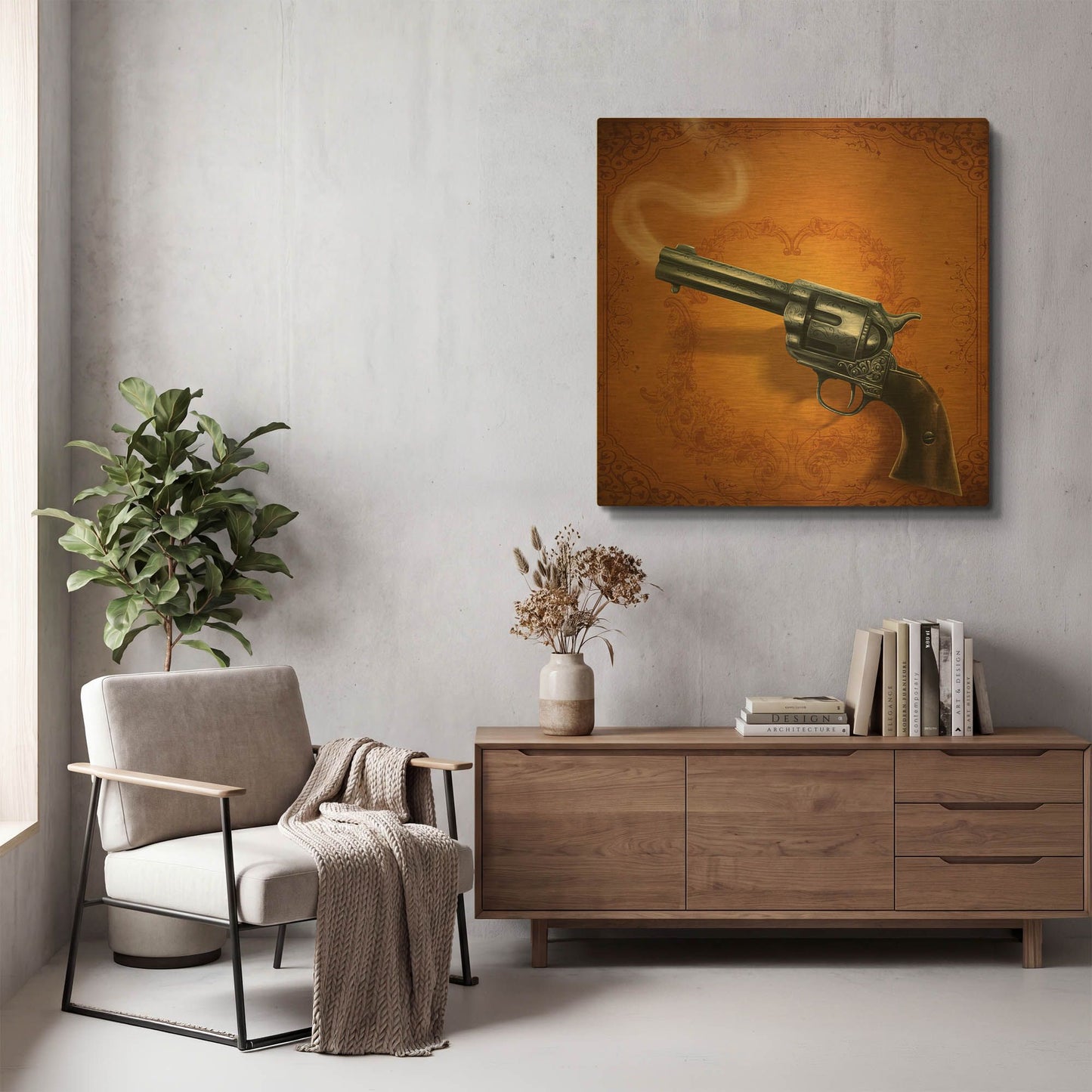 'Gunslinger - Single Gun 02' By Flyland Designs Gold Metal Wall Art