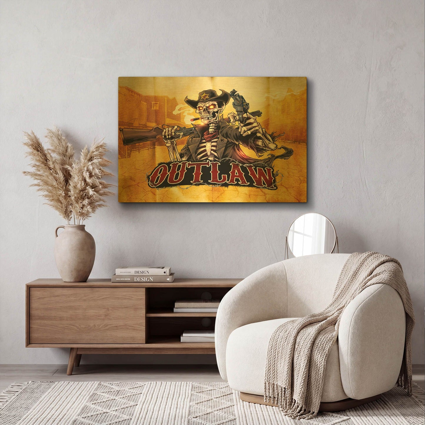 'Cowboy Skeleton Outlaw Mascot' By Flyland Designs Gold Metal Wall Art