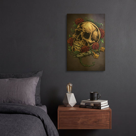 'Skull, Roses, And Dagger' By Flyland Designs Gold Metal Wall Art