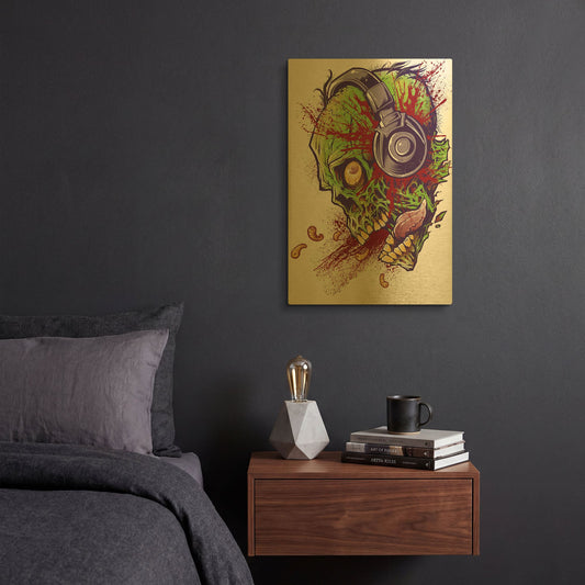 'Zombie With Headphones' By Flyland Designs Gold Metal Wall Art