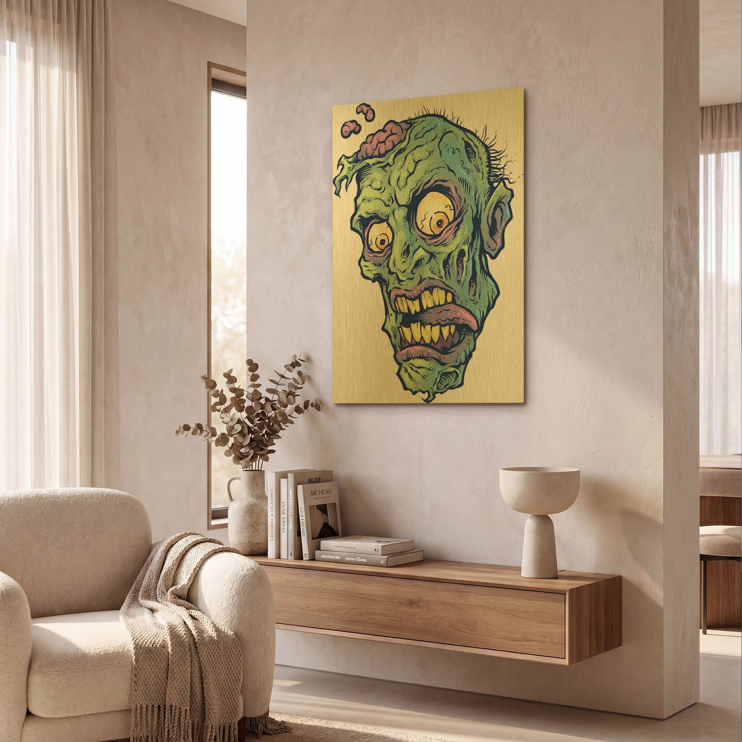 'Zombie Pattern Head 01' By Flyland Designs Gold Metal Wall Art