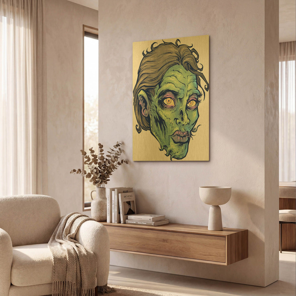 'Zombie Pattern Head 05' By Flyland Designs Gold Metal Wall Art