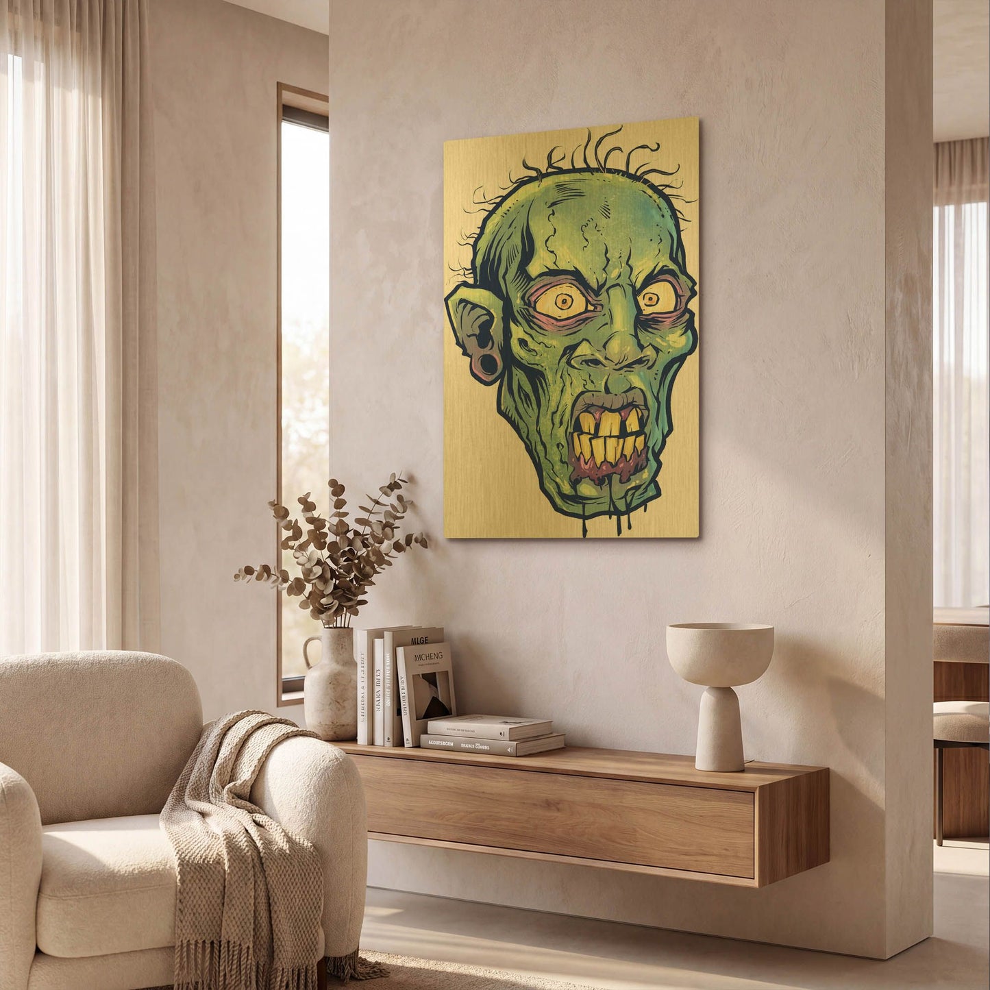 'Zombie Pattern Head 07' By Flyland Designs Gold Metal Wall Art