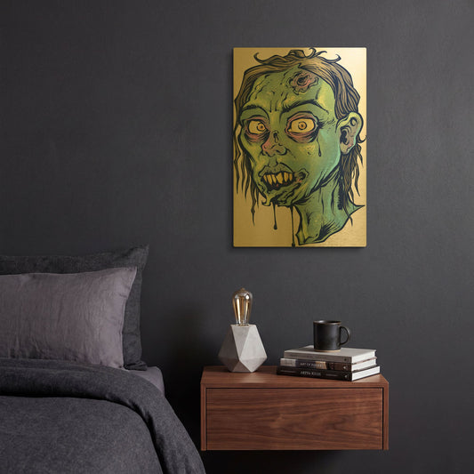 'Zombie Pattern Head 08' By Flyland Designs Gold Metal Wall Art