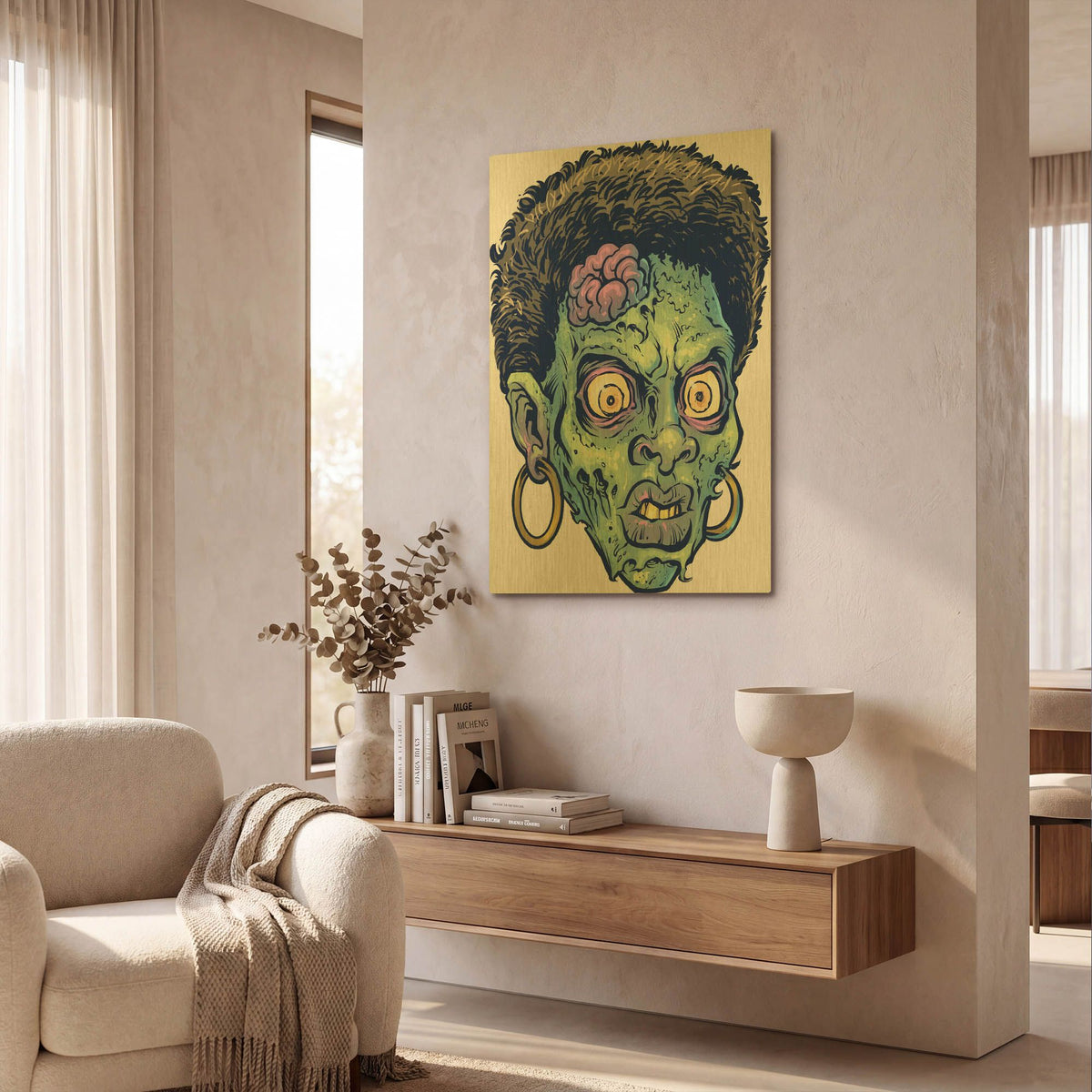 'Zombie Pattern Head 11' By Flyland Designs Gold Metal Wall Art