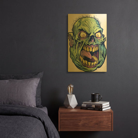 'Zombie Pattern Head 12' By Flyland Designs Gold Metal Wall Art