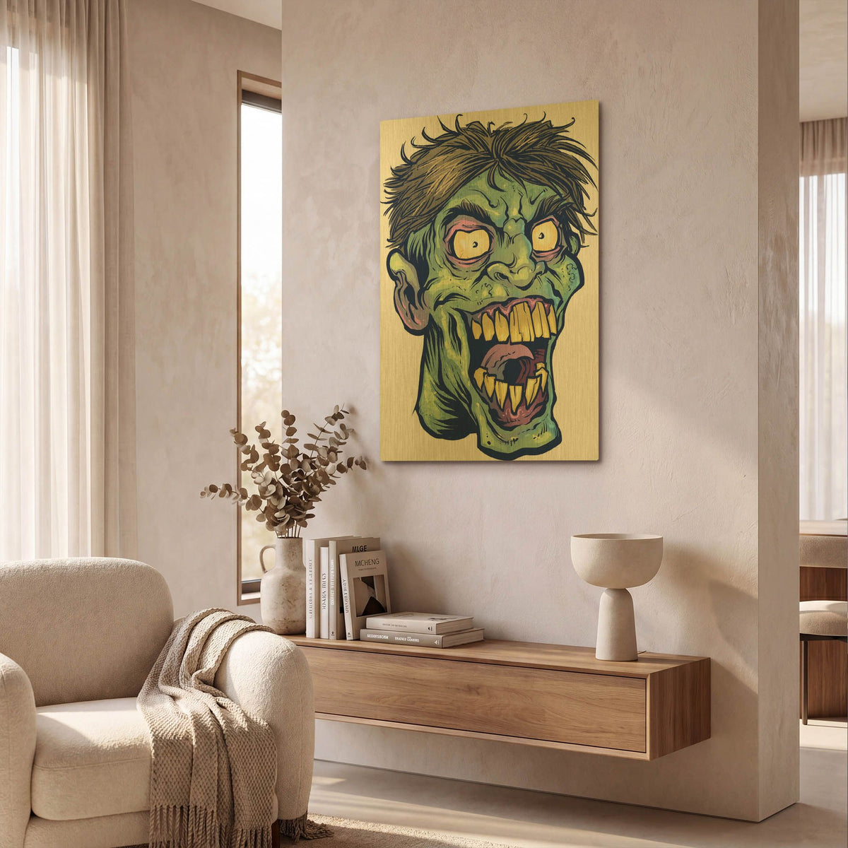 'Zombie Pattern Head 15' By Flyland Designs Gold Metal Wall Art