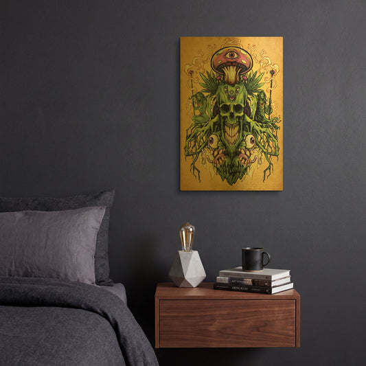 'Marijuana Skull and Mushrooms' By Flyland Designs Gold Metal Wall Art