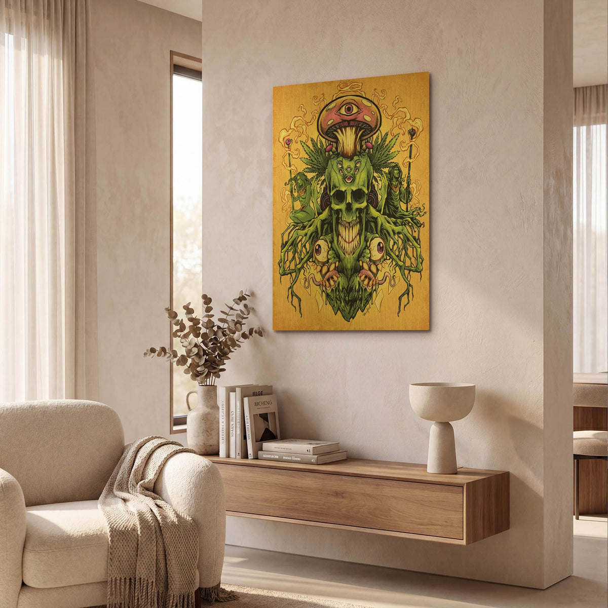 'Marijuana Skull and Mushrooms' By Flyland Designs Gold Metal Wall Art