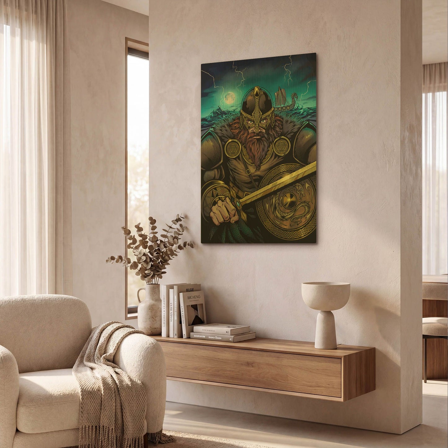 'Viking Sword and Shield Moonlight' By Flyland Designs Gold Metal Wall Art
