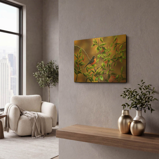 'Robin with Holly' By Sarah Davis Gold Metal Wall Art