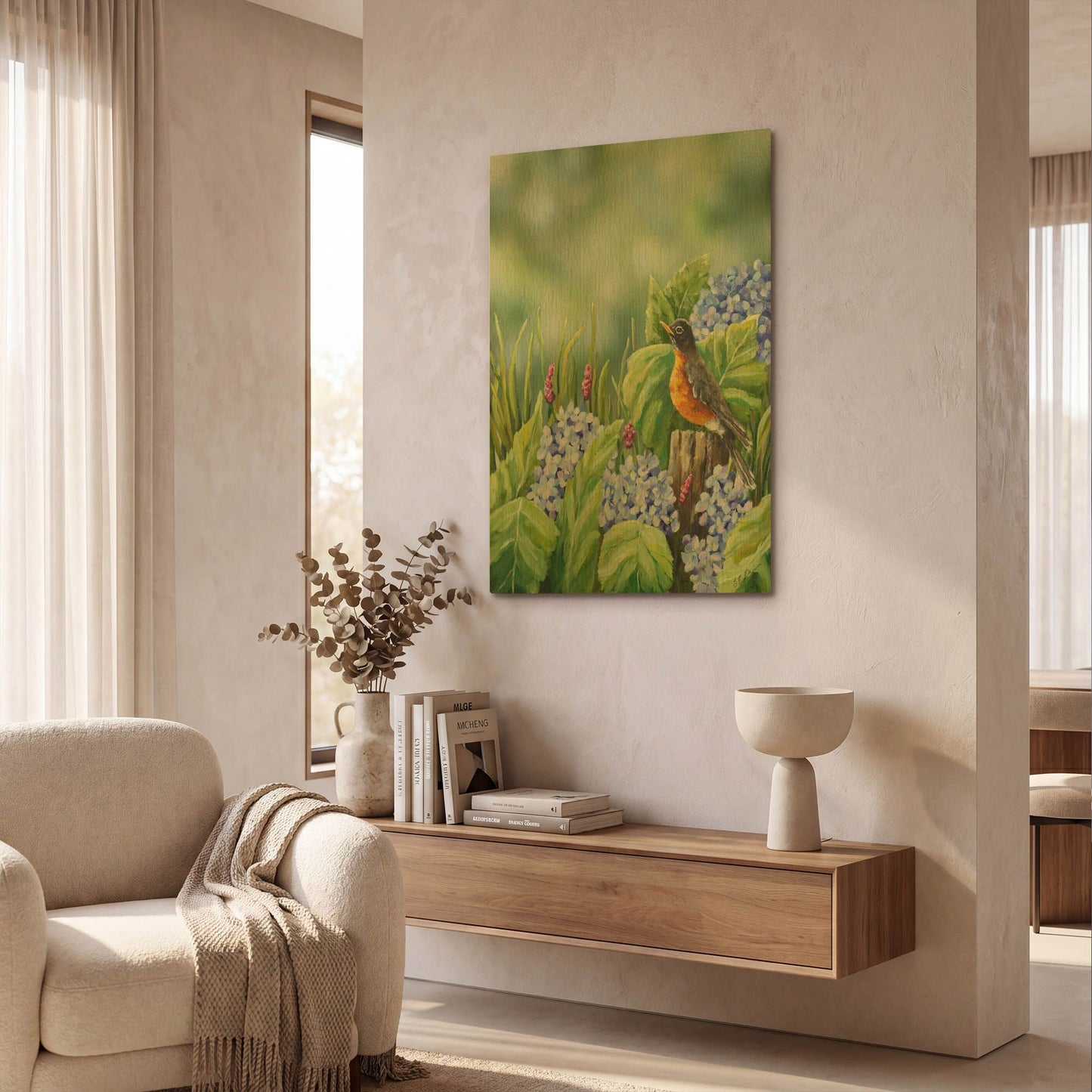 'Robin With Hydrangeas' By Sarah Davis Gold Metal Wall Art