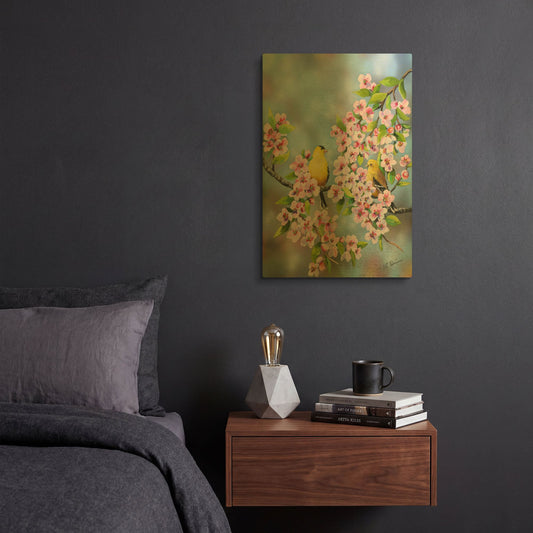 'Finches In Cherry Tree' By Sarah Davis Gold Metal Wall Art