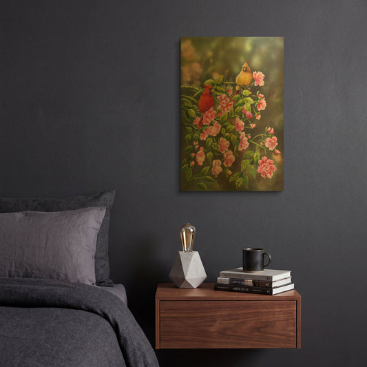 'Cardinals with Roses' By Sarah Davis Gold Metal Wall Art