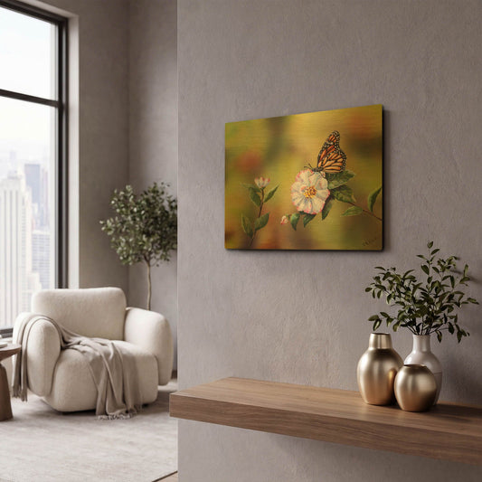 'Monarch With Camellia' By Sarah Davis Gold Metal Wall Art