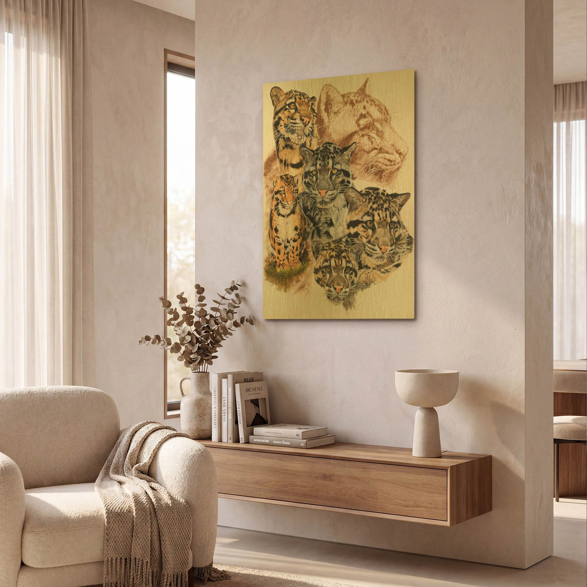 'Clouded Leopard with Ghost Image' By Barbara Keith Gold Metal Wall Art