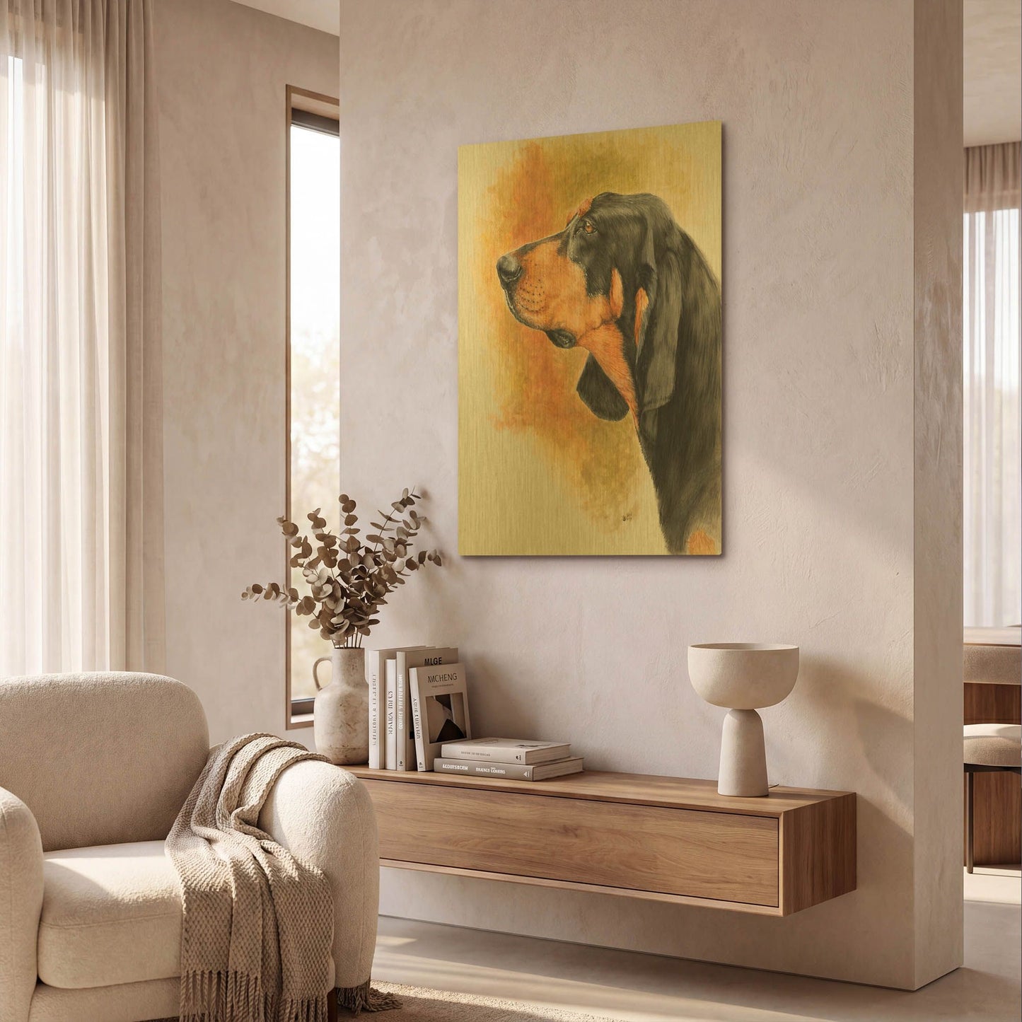'Black and Tan CoonHound' By Barbara Keith Gold Metal Wall Art
