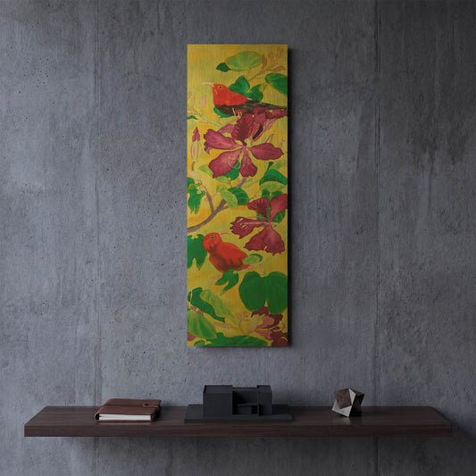'Iiwis in Orchid Tree' By Carissa Luminess Gold Metal Wall Art
