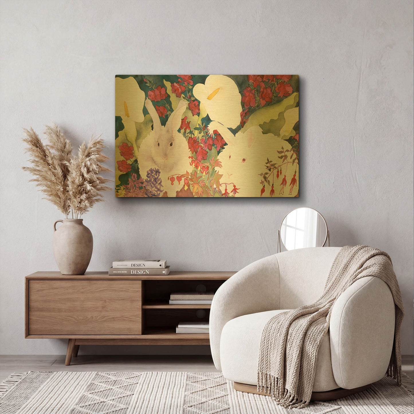 'Bunnies with Callas' By Carissa Luminess Gold Metal Wall Art