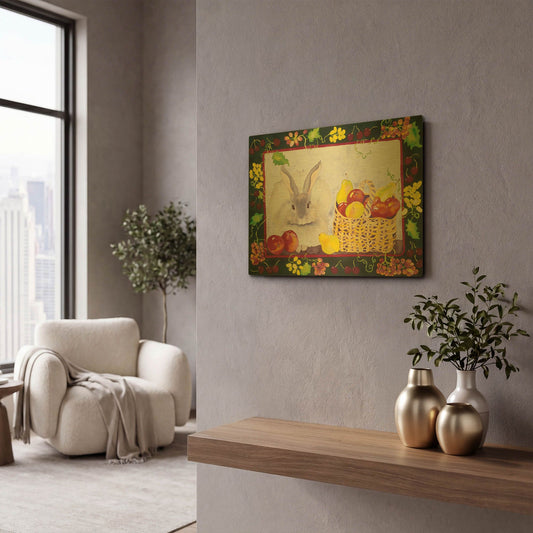 'Bunny with Fruit Basket' By Carissa Luminess Gold Metal Wall Art