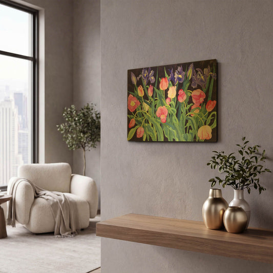 'Tulips And Irises' By Carissa Luminess Gold Metal Wall Art