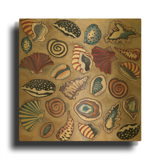 'Sea Shells- Square' By Carissa Luminess Gold Metal Wall Art