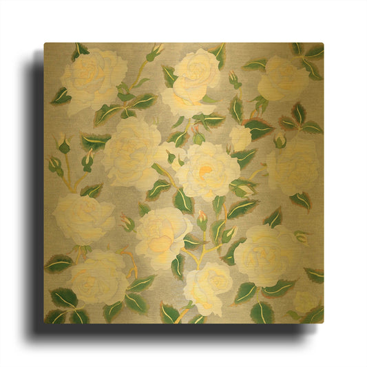 'White Roses- Square' By Carissa Luminess Gold Metal Wall Art