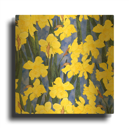 'Fertile Rising Pattern - Daffodils' By Carissa Luminess Gold Metal Wall Art