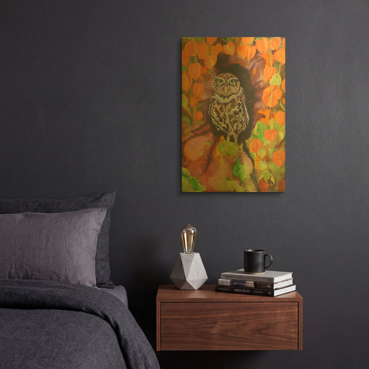 'Owl with Asian Lanterns' By Carissa Luminess Gold Metal Wall Art