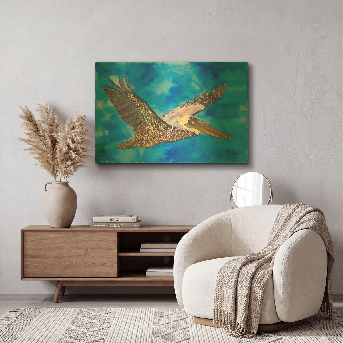 'Flying Pelican' By Carissa Luminess Gold Metal Wall Art