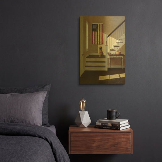 'Dog On Stairs' By Zhen-Huan Lu Gold Metal Wall Art