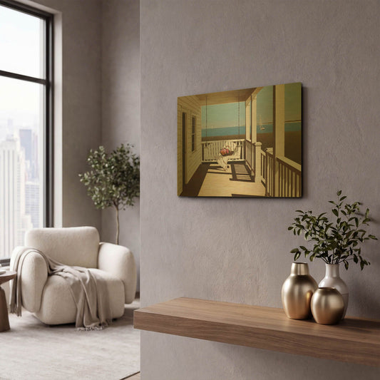 'Flower Basket On Swing Chair' By Zhen-Huan Lu Gold Metal Wall Art