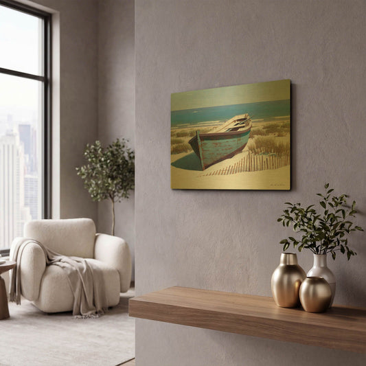 'Blue Boat on Beach' By Zhen-Huan Lu Gold Metal Wall Art