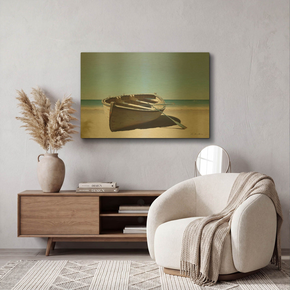 'Lonely Boat on Beach' By Zhen-Huan Lu Gold Metal Wall Art