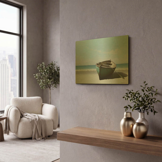 '01 Blue Boat with Oar' By Zhen-Huan Lu Gold Metal Wall Art