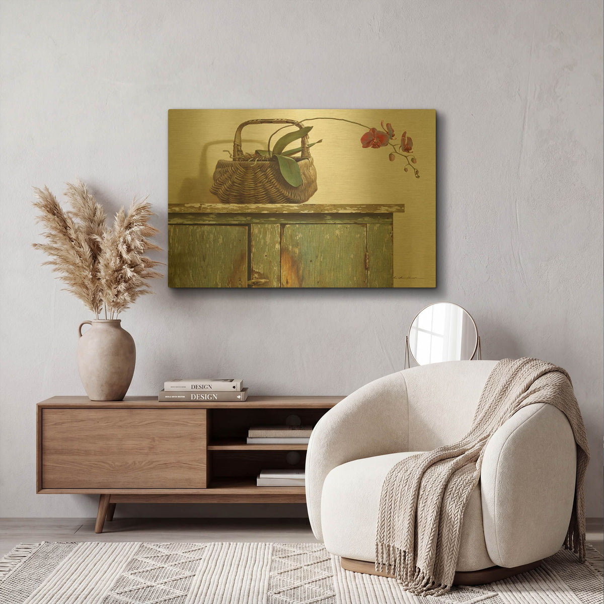'Orchid Basket' By Zhen-Huan Lu Gold Metal Wall Art