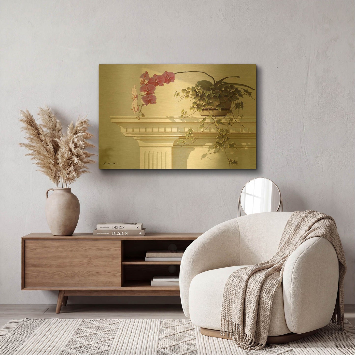 'Orchid On Mantle' By Zhen-Huan Lu Gold Metal Wall Art
