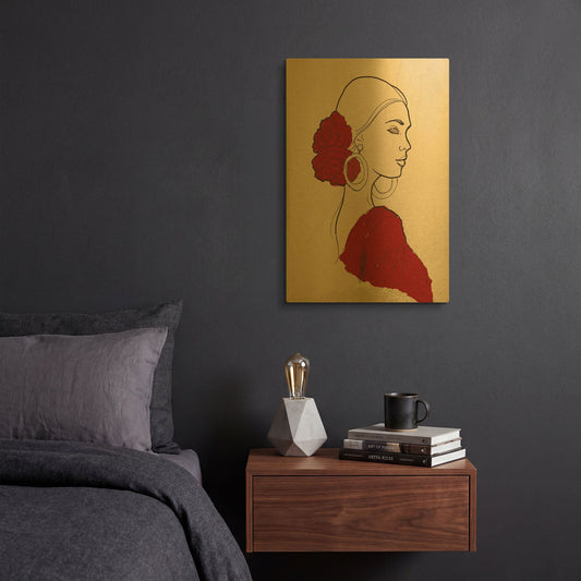 'Spanish Flamenco Woman Dancer Portrait' By Sabrina Balbuena Gold Metal Wall Art
