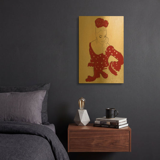 'Spanish Flamenco Woman Dancer In A Dotty Dress' By Sabrina Balbuena Gold Metal Wall Art