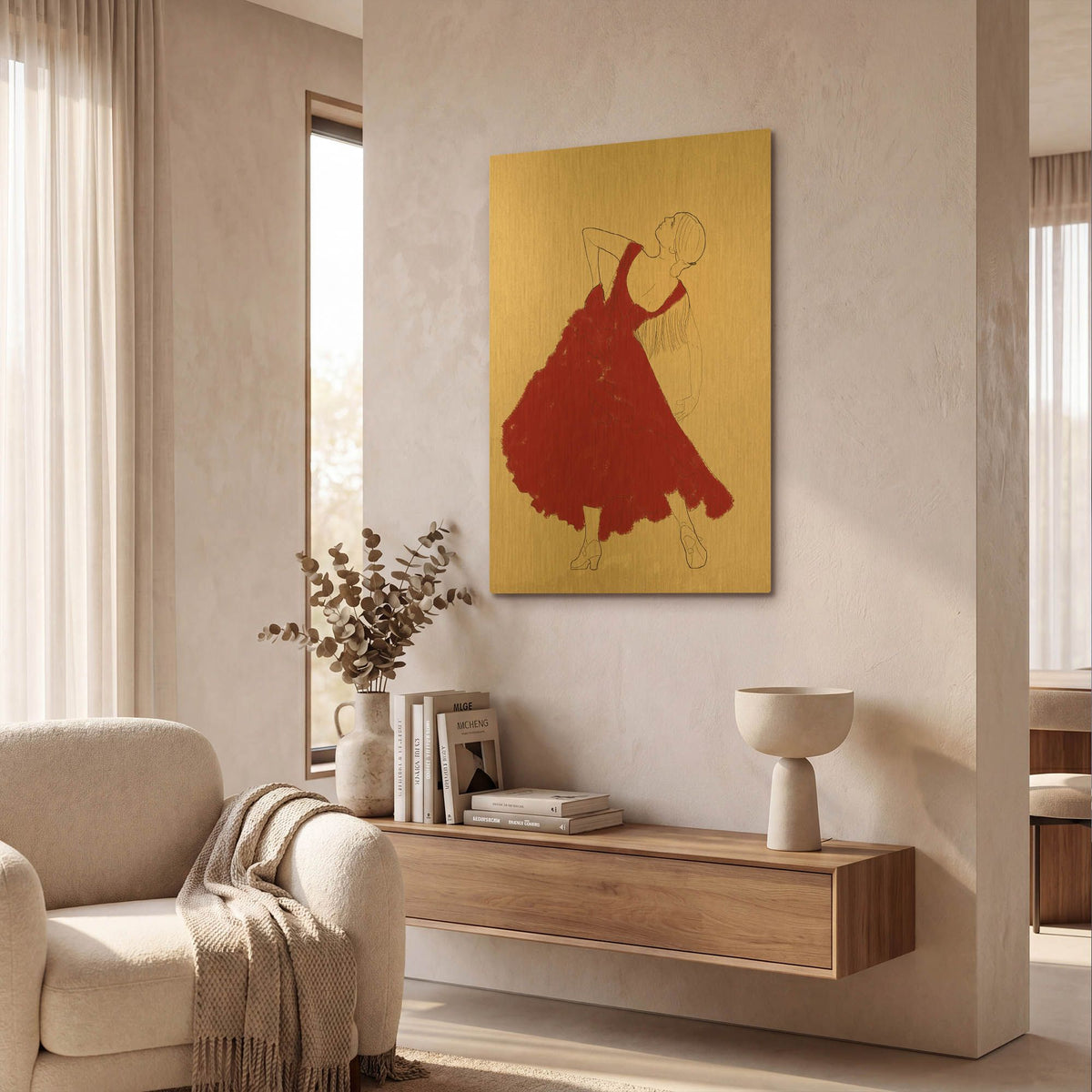 'Spanish Flamenco Woman Dancer In A Red Dress' By Sabrina Balbuena Gold Metal Wall Art