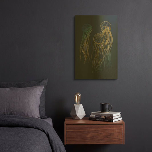 'Sealife Blue And Gold Jellyfishes' By Sabrina Balbuena Gold Metal Wall Art