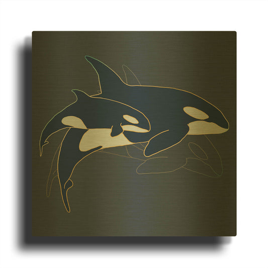 'Sealife Blue And Gold Killer Whales' By Sabrina Balbuena Gold Metal Wall Art