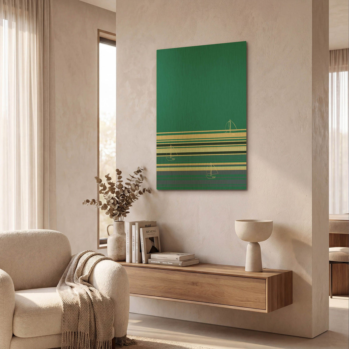 'Boats Sailing On The Blue Sea' By Sabrina Balbuena Gold Metal Wall Art