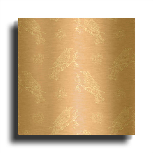 'Pure Bird On A Branch Pattern Pink Background' By Sabrina Balbuena Gold Metal Wall Art