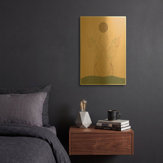 'Japanese Art Two Cranes With Moon' By Sabrina Balbuena Gold Metal Wall Art
