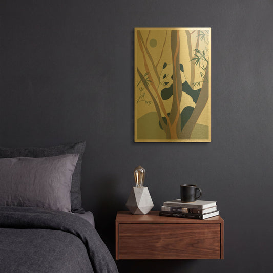 'Japanese Art Panda On Top Of The Tree' By Sabrina Balbuena Gold Metal Wall Art