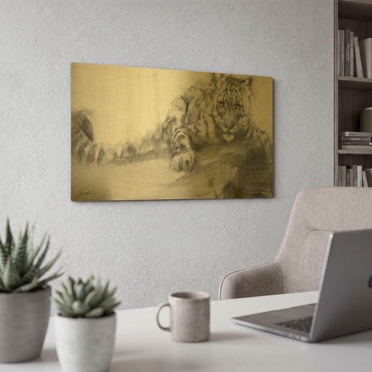 'Snow Leopard reclining sketch' By Robert Campbell Gold Metal Wall Art