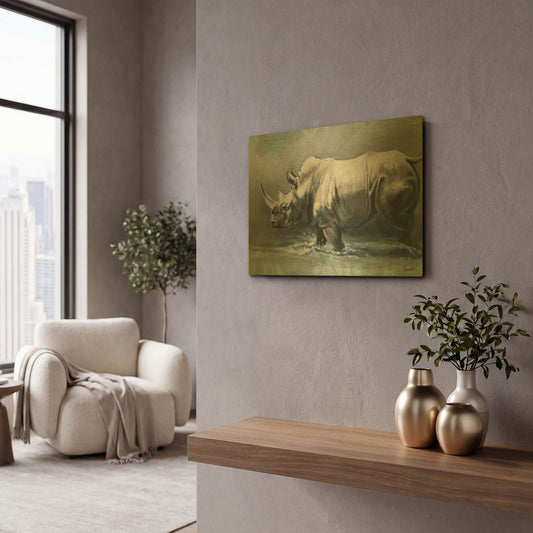 'The Pedestrian Rhino' By Robert Campbell Gold Metal Wall Art