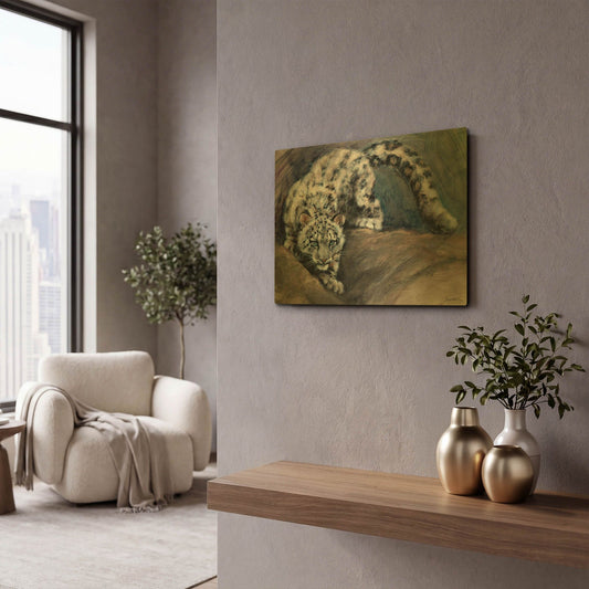 'Stalking Snow Leopard Cub' By Robert Campbell Gold Metal Wall Art