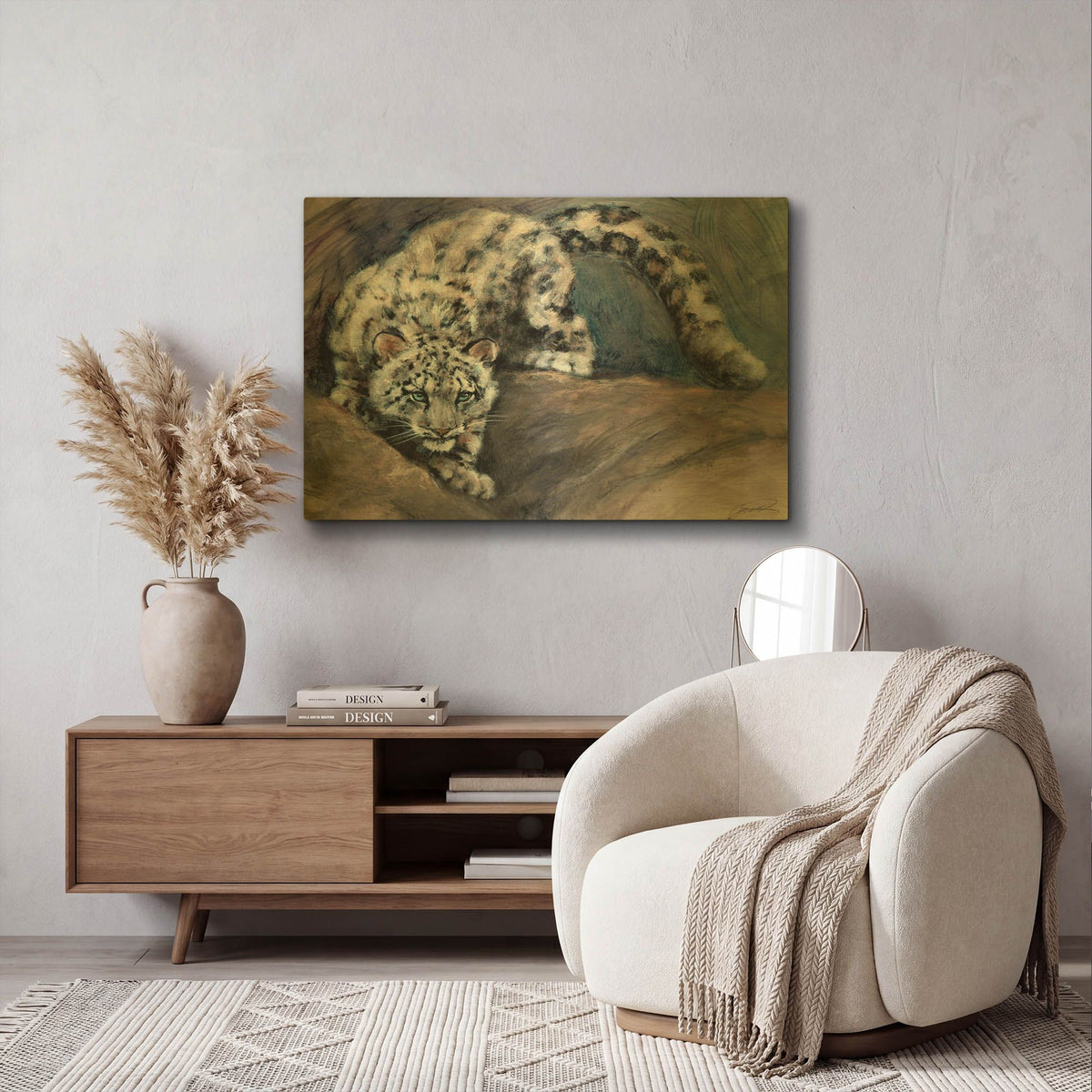 'Stalking Snow Leopard Cub' By Robert Campbell Gold Metal Wall Art